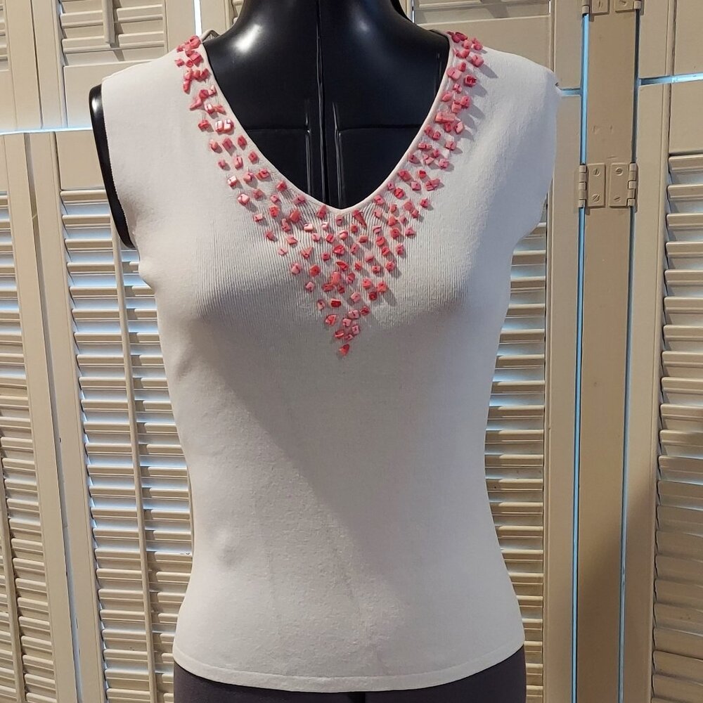 Pink Stoned White V-neck Tank Top by Joseph A. Size M